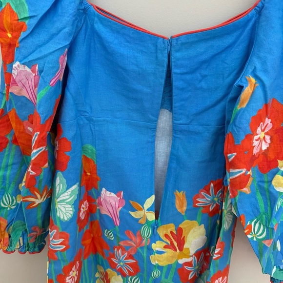 Farm Rio x Anthropologie Blue Floral Linen Blend Long Sleeve Mini Dress - Picture 12 of 14